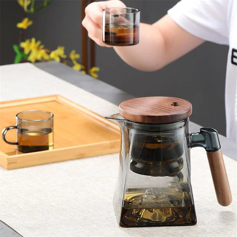 One Click Tea Separation Filtration Bottom Mountain View Glass Teapot With Wood Handle 700ml Kungfu Tea Water Separation Tea Pot