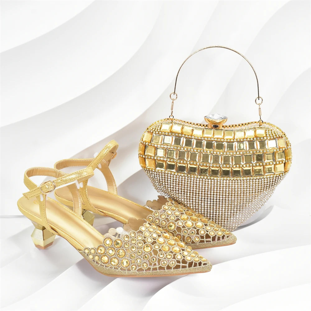 Italian Shoes and Bags Matching Set Rhinestones African Pointed Toe Women High Heel Evening Party Pumps Wedding Shoes Bride