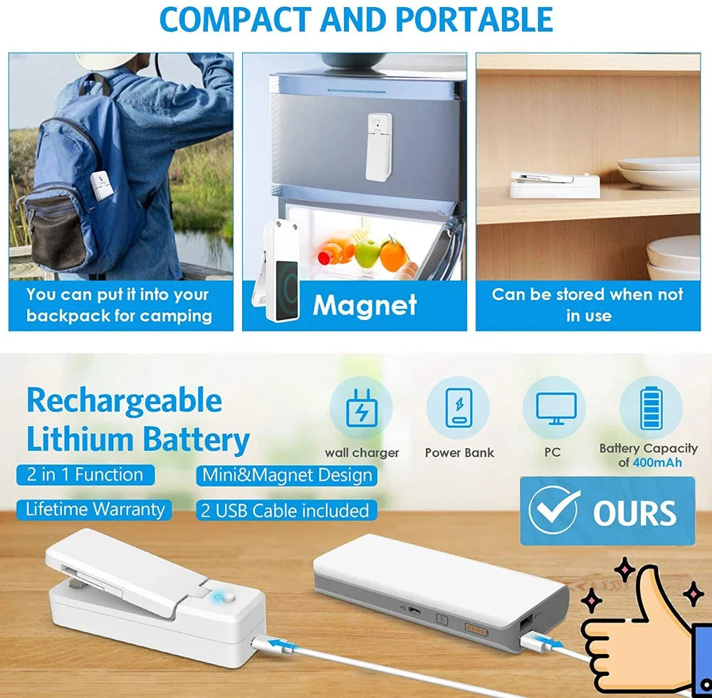 2-in-1 Mini Rechargeable Bag Sealer & Cutter – Portable USB Vacuum Heat Sealer for Plastic Snack & Food Storage Bags
