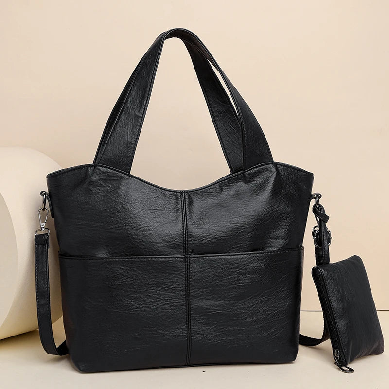 Big Black Shoulder Bags Large Soft Leather Crossbody Handbag Travel Tote Bag