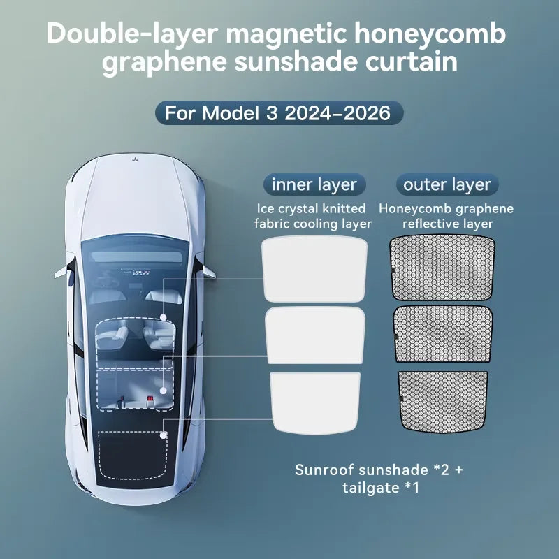 Graphene Honeycomb Sunshade Set for Tesla Model 3 Highland and Model Y Juniper 2025 2026