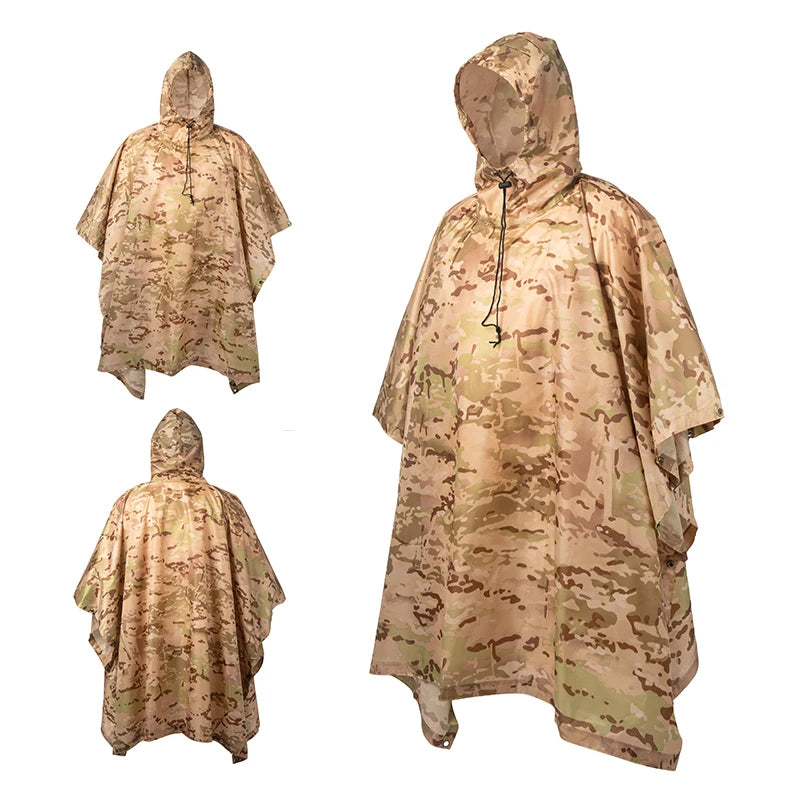 Waterproof Military Style Rain Poncho with Hood for Hiking and Camping