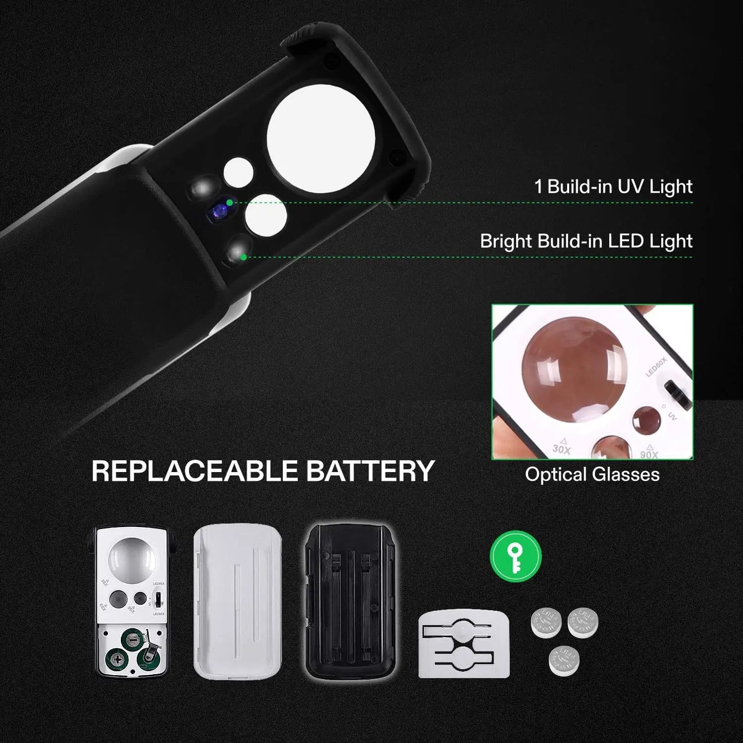 30X 60X 90X LED UV Jewelry Loupe Slide-Out Pocket Magnifier