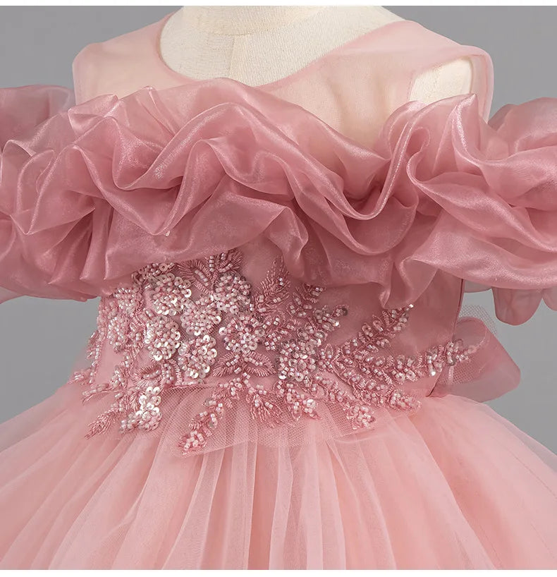 Luxury Off-Shoulder Girls' Dress - Convertible Tulle Ball Gown for Birthday Parties & On-Stage Events