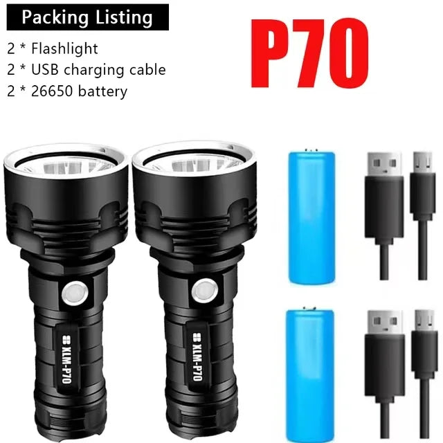 P70 LED Flashlight High Power USB Rechargeable Torch 26650 Battery Waterproof Outdoor Camping Light