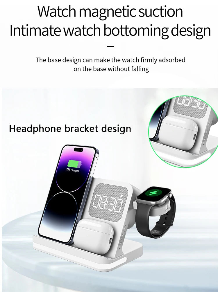 Four in one desktop clock wireless charger that can charge phones, headphones, and watches simultaneously