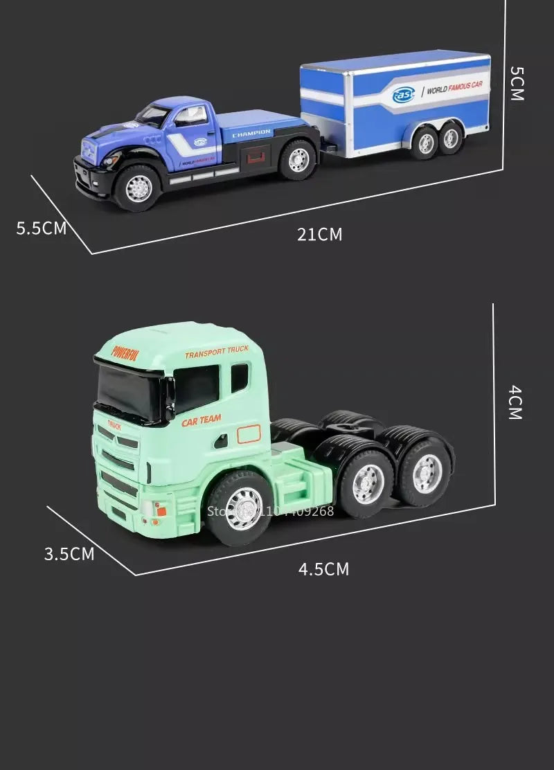 1:64 Scale Container Alloy Trailer Model Toy Car Diecast Metal Movable Joint Pull Back Engineering Vehicles Models Gifts for Boy