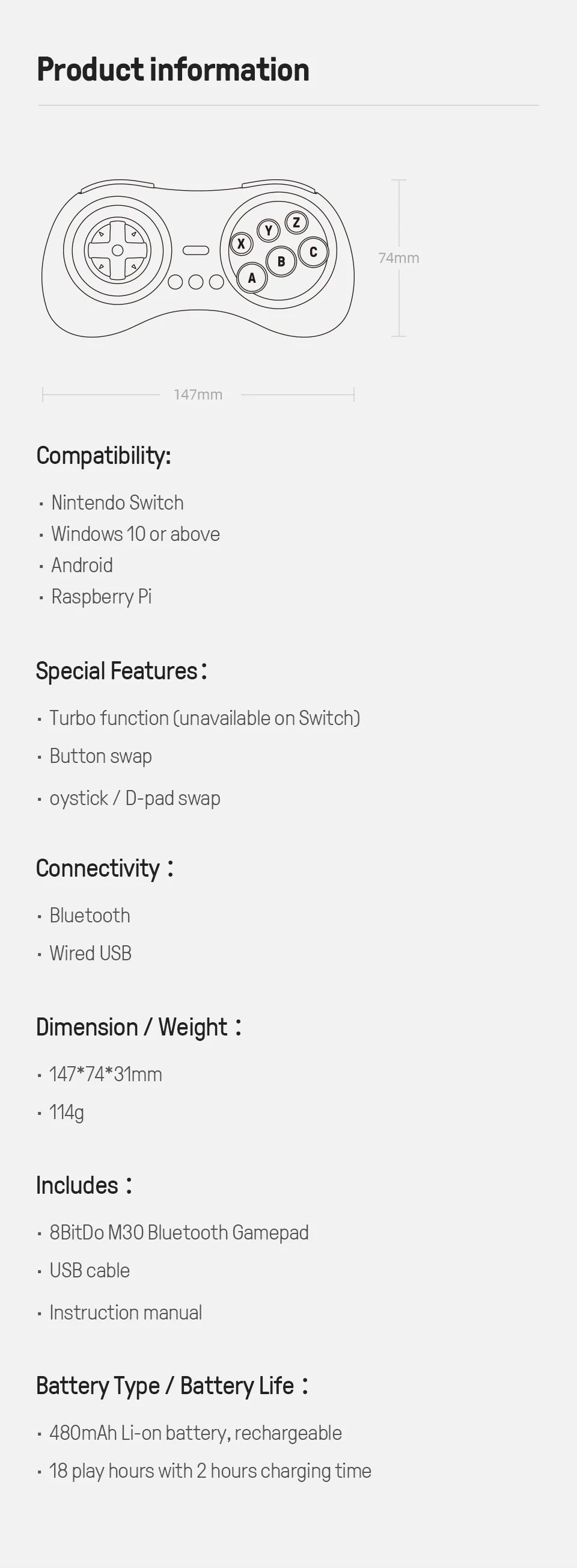 Bluetooth Retro Gaming Controller with Six Button Layout for Nintendo Switch PC and Android
