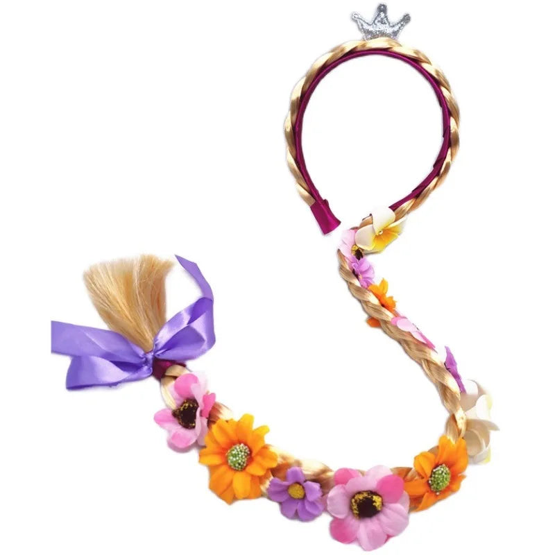 Girls Pink Blue Purple Flower Weaving Braid Headband  Princess Dress Up Hair Accessories Aurora Elsa Sofia Rapunzel Wig