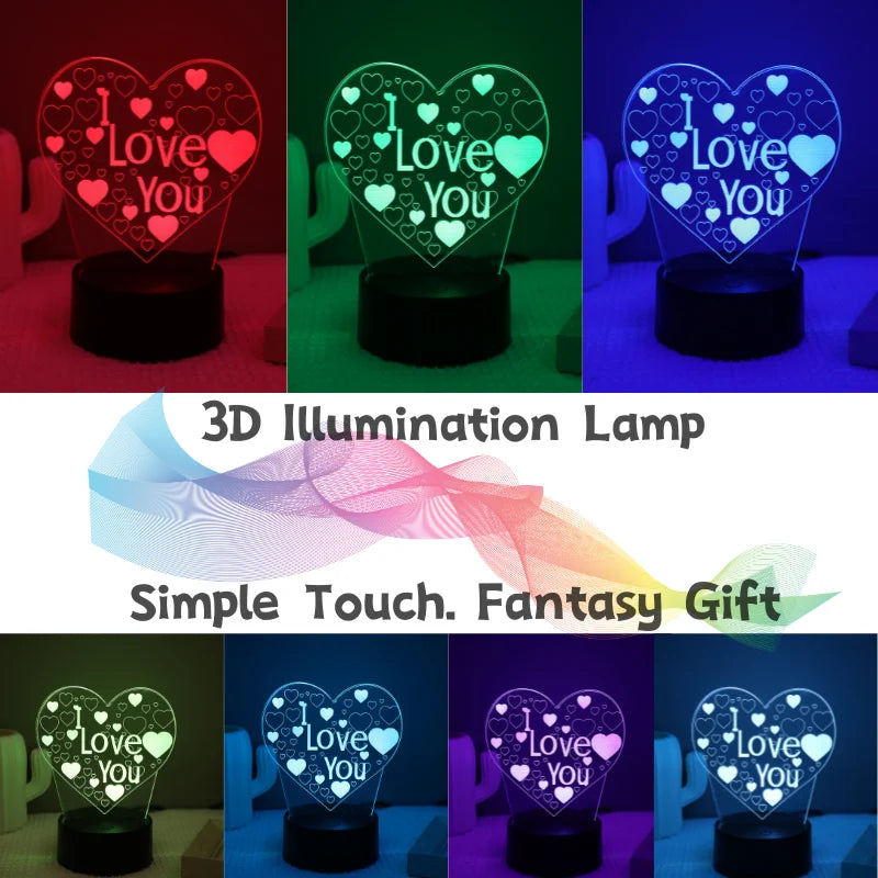 Heart 3D Acrylic Kids Bedside Table Lamp LED I Love You 7 Colors Touch Night Light