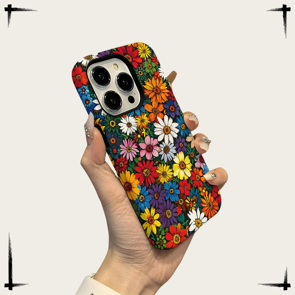 Art Drawing Flower Printed Daisy Phone Case for iPhone 16 15 13 14 Pro Max 16 15 Plus 2 in 1 Hard Protection Cover