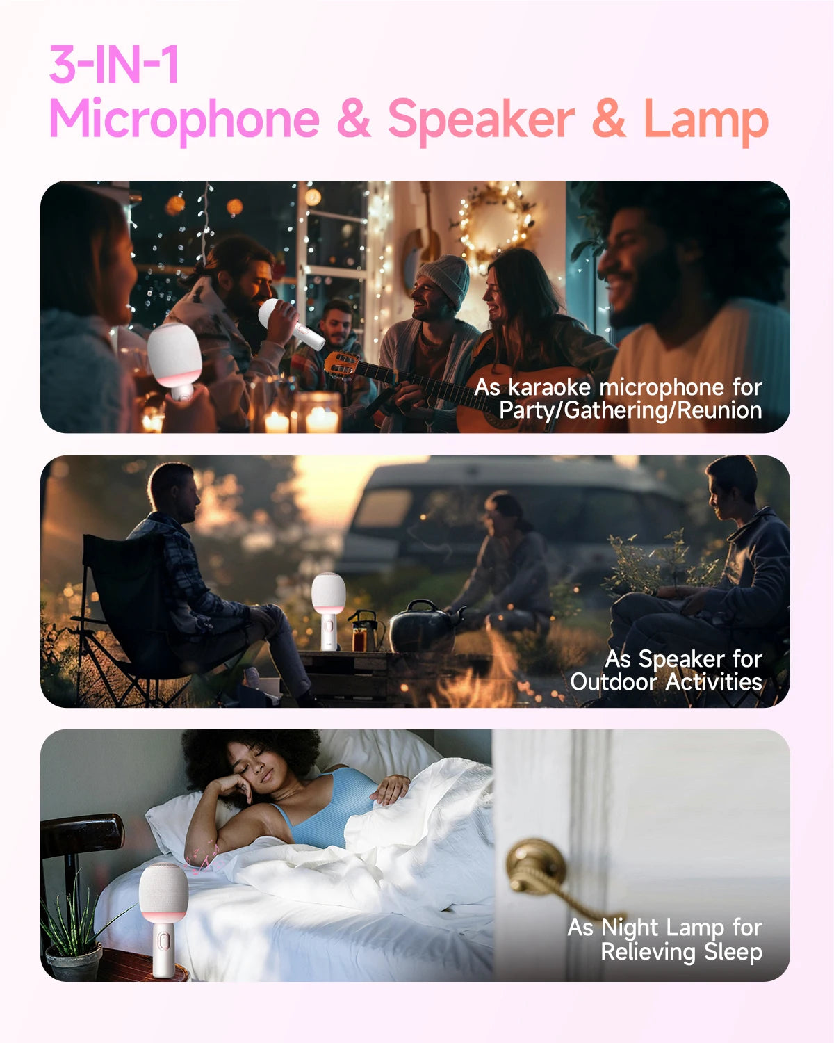 Wireless Bluetooth Karaoke Microphone 5-in-1 Portable Handheld Mic Speaker with Dynamic LED Lights for Car & Party