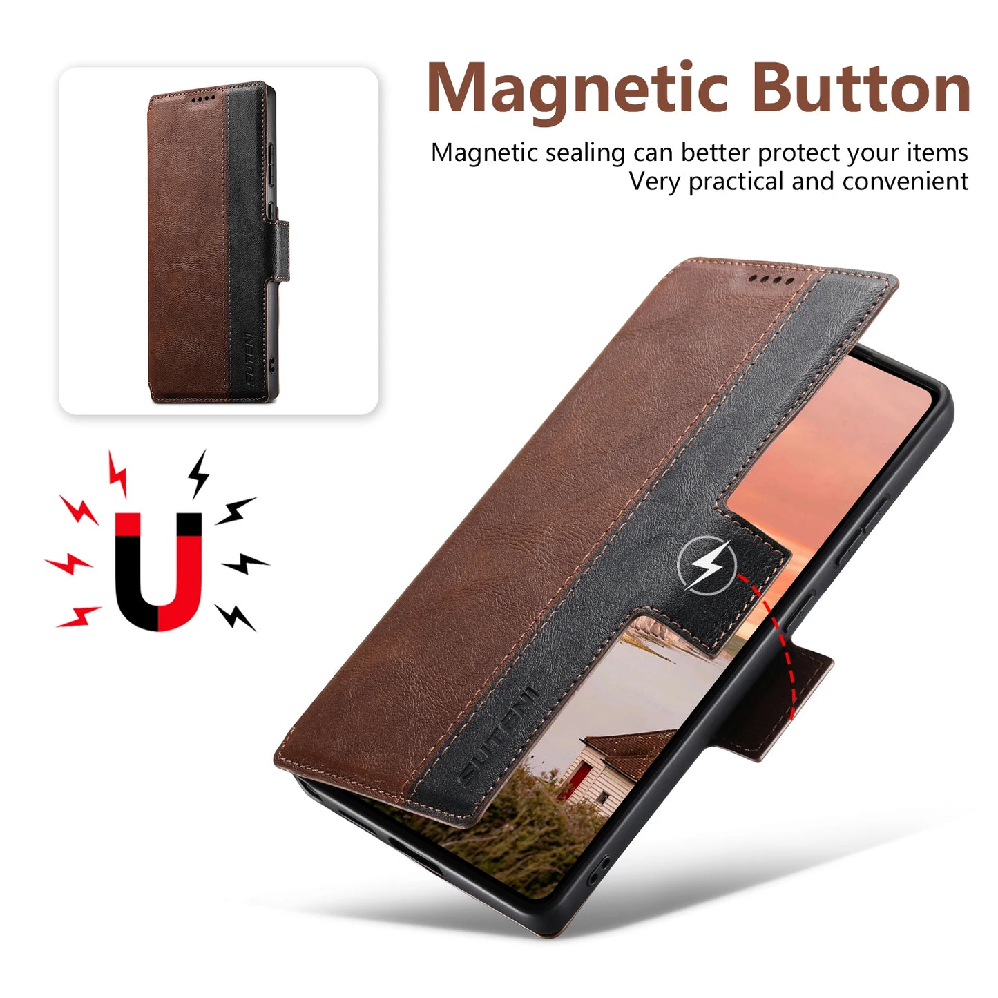 Magnetic Flip Wallet Case with Card Holder & Stand for Samsung Galaxy S26 Ultra / S25 / S24 / S23 – Faux Leather Wireless Charging Cover