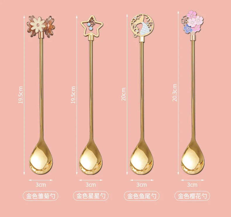 Colorful Cherry Spoons Long Handle Dessert Spoon 304 Stainless Steel Petal Teaspoons Catoon Blossom Star Fish Shape Home Decor
