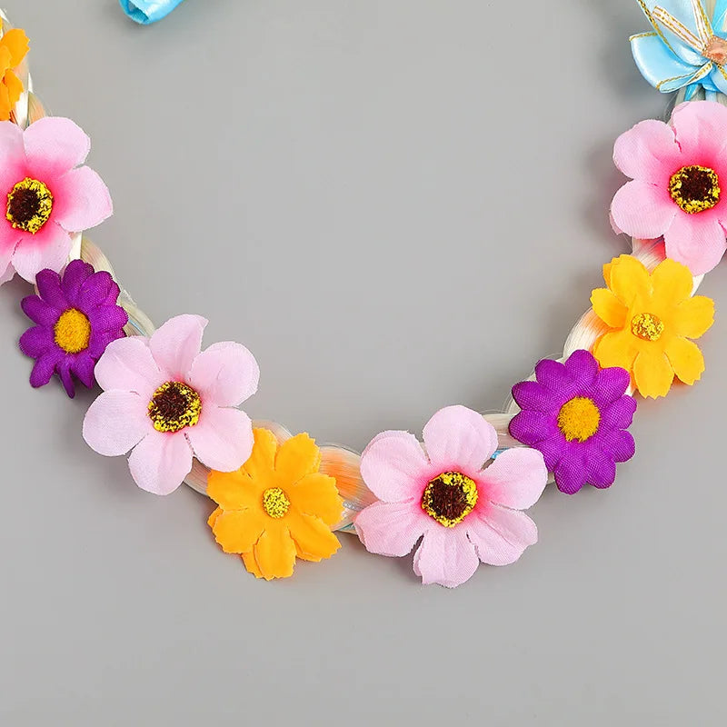 Girls Pink Blue Purple Flower Weaving Braid Headband  Princess Dress Up Hair Accessories Aurora Elsa Sofia Rapunzel Wig