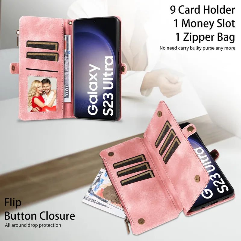 Luxury Leather Flip Wallet Case with Lanyard for Samsung Galaxy S26 / S25 / S24 / S23 Ultra & Plus – Magnetic Full Coverage Phone Bag Cover