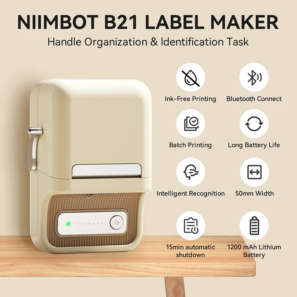 B21 / B1 Thermal Label Printer, Bluetooth Wireless Sticker Maker 20–50mm, Portable Inkless Barcode Label Printer for Clothing & Jewelry