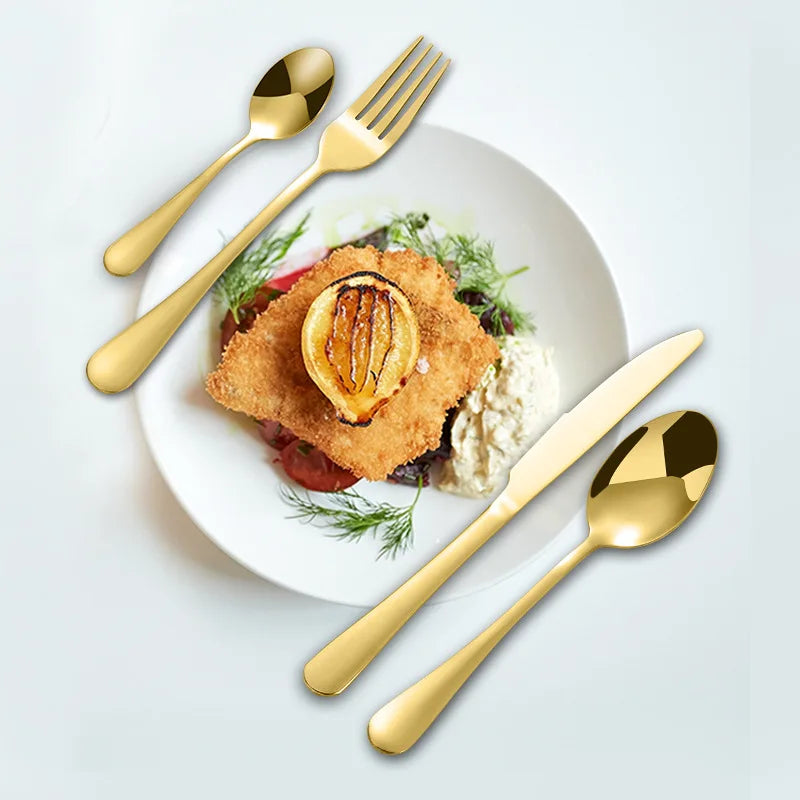 24pcs Golden Tableware Set Light Luxury Stainless Steel Cutlery Fork Knife Spoon Dinnerware Set Minimalist Decor with Gift Box