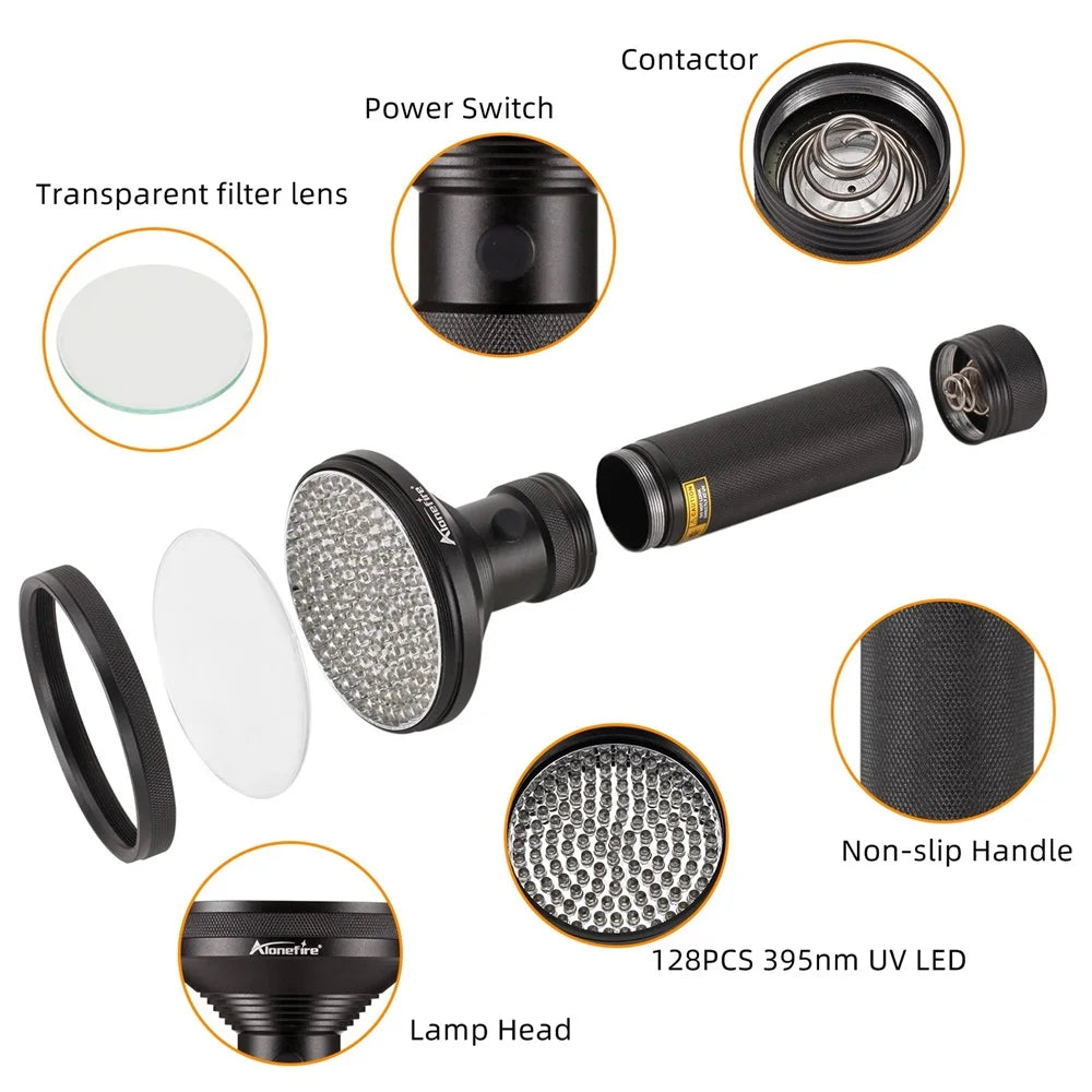 128 LED 395nm UV Blacklight Flashlight
