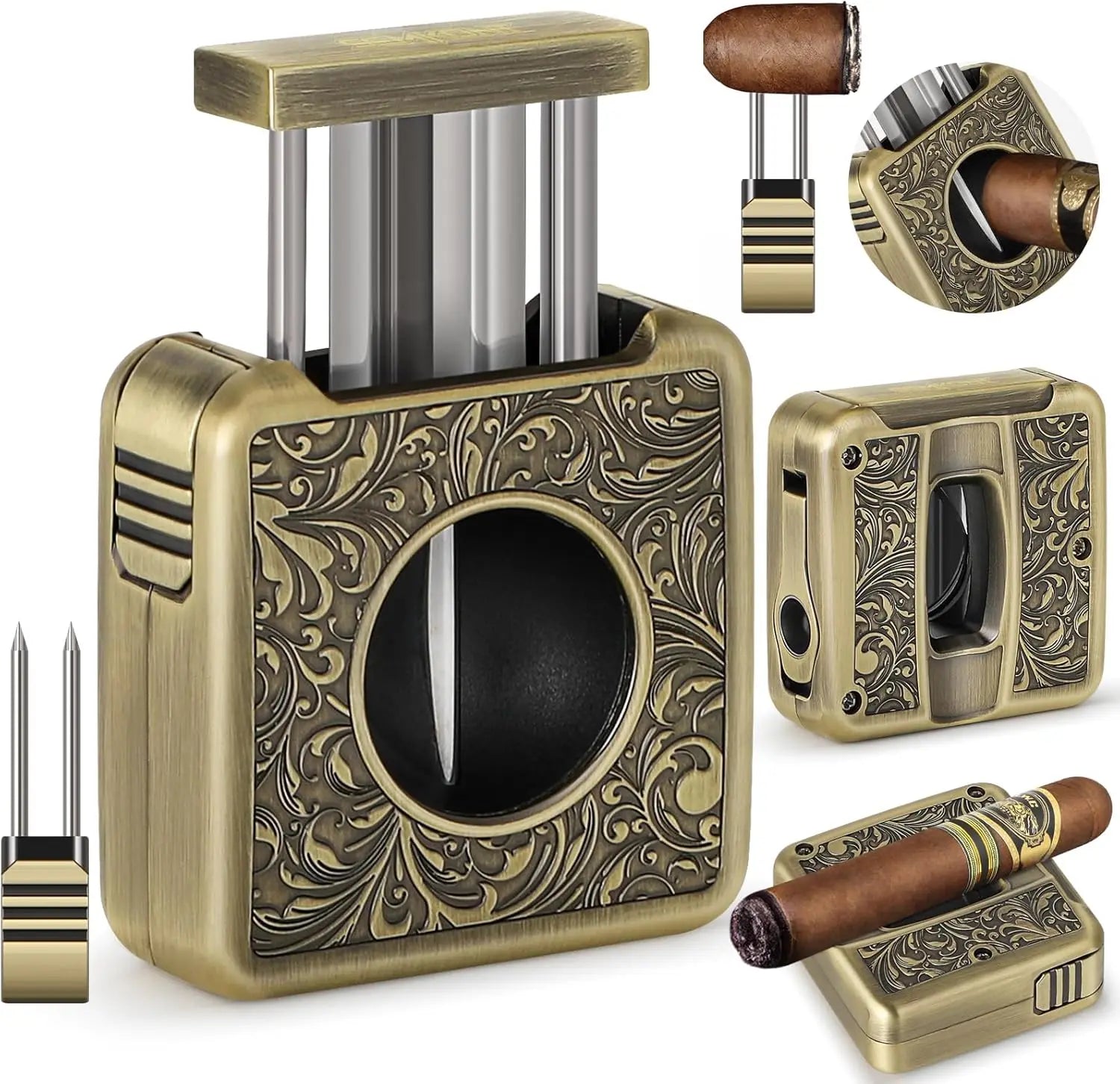 Cigar Cutter,4 in 1 Multifunction V Cut Cutter with Cigar Punch,Cigar Holder & Twin Nubber,Suitable for Max 60 Ring Gauge Cigars