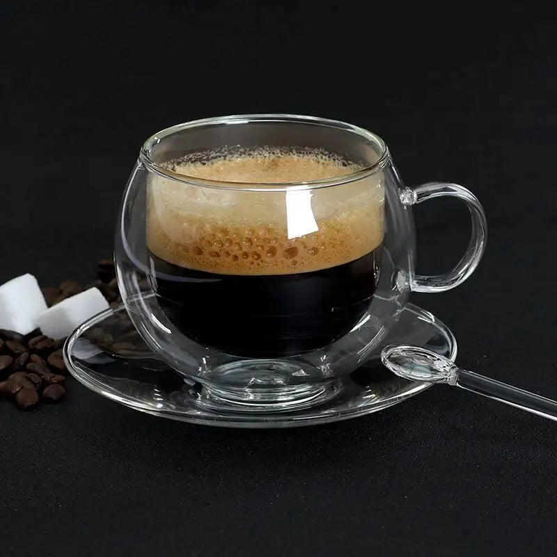 180/250ml Double Wall Glass With Dish And Spoon Clear Glass Espresso Cups Set Heat Resistant Handle Coffee Mug Drinkware