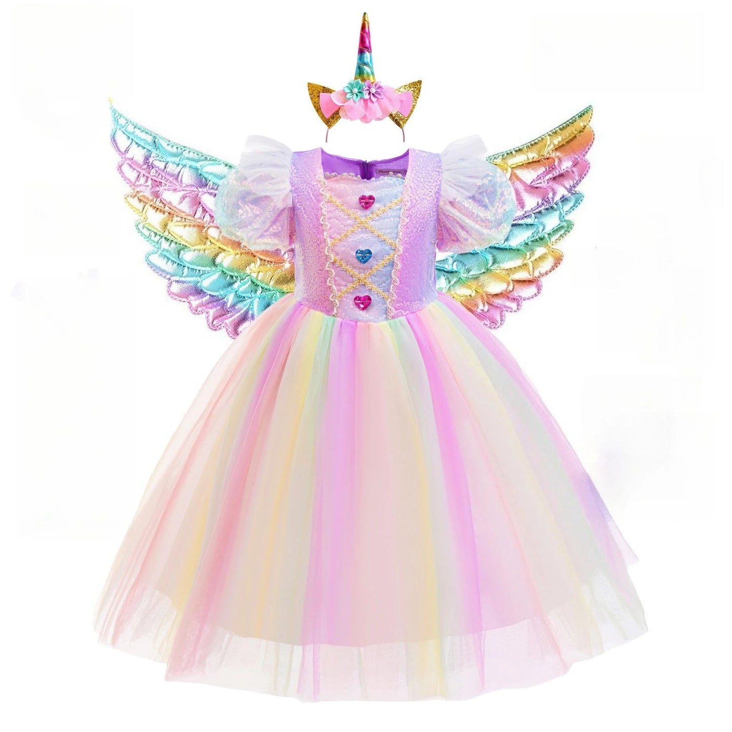 Rainbow Gradient Princess Ball Gown with Puff Bubble Sleeves