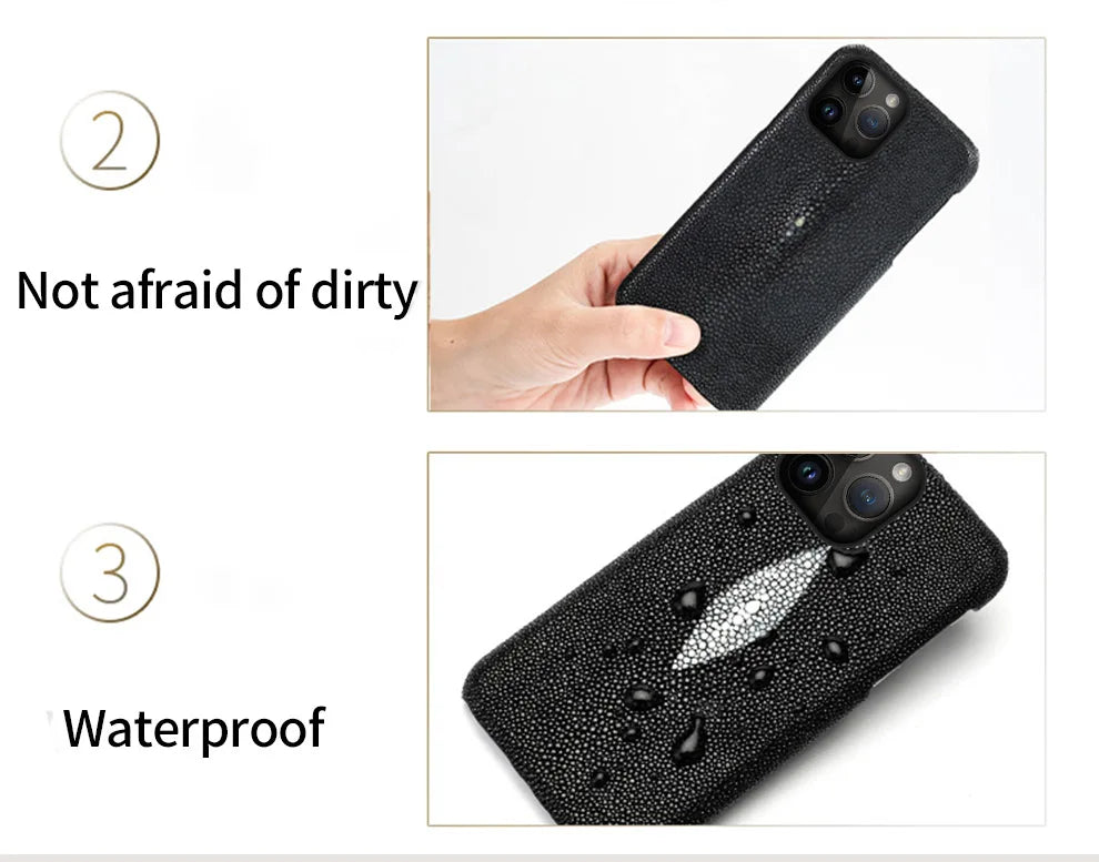 Genuine Stingray Leather Phone Case for iPhone 16 15 14 Pro Max Plus 14Pro 15Pro max Luxury Shockproof Back Cover