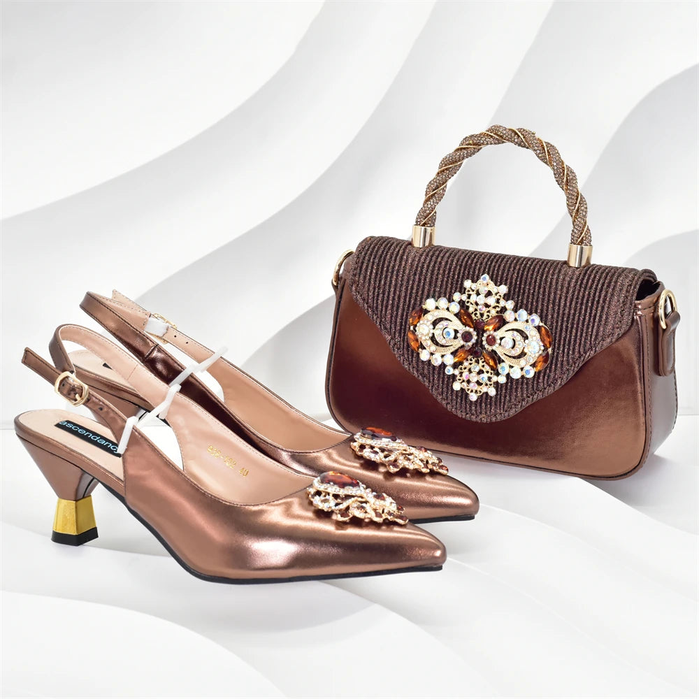Latest Party Shoes and Bags To Match for Nigerian Luxury Pointed Toe Shoes with Rhinestones Party Ladies Shoes and Bag Set