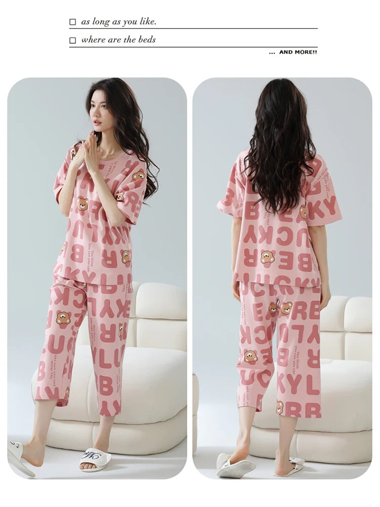 2-Pcs Women’s Cotton Pajama Set – Breathable Short Sleeve Summer Sleepwear with Cute Prints