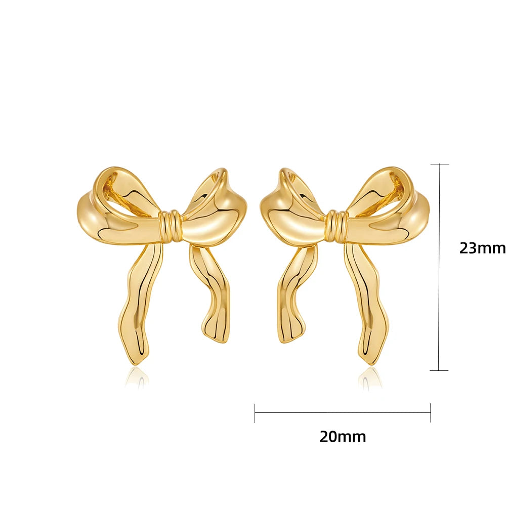 Classic Ribbon Bow Knot Earrings for Women Gold Plated Bowknot Piercing Ear Studs