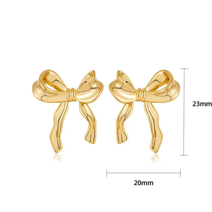 Classic Ribbon Bow Knot Earrings for Women Gold Plated Bowknot Piercing Ear Studs