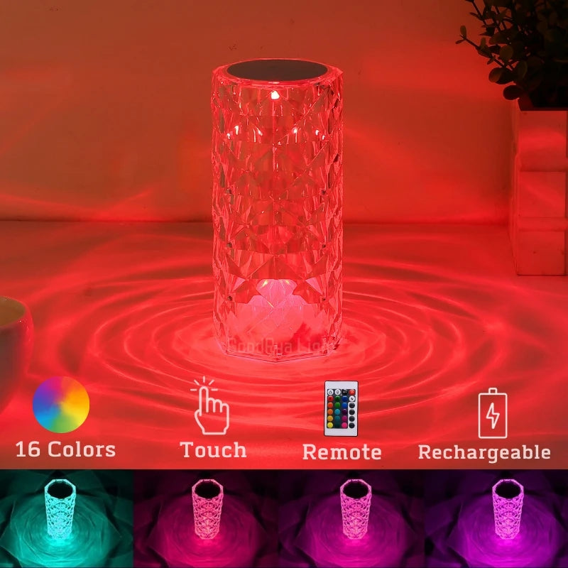 LED Round Crystal Table Lamp Touch Remote Control RGB Romantic Rose Color Changing