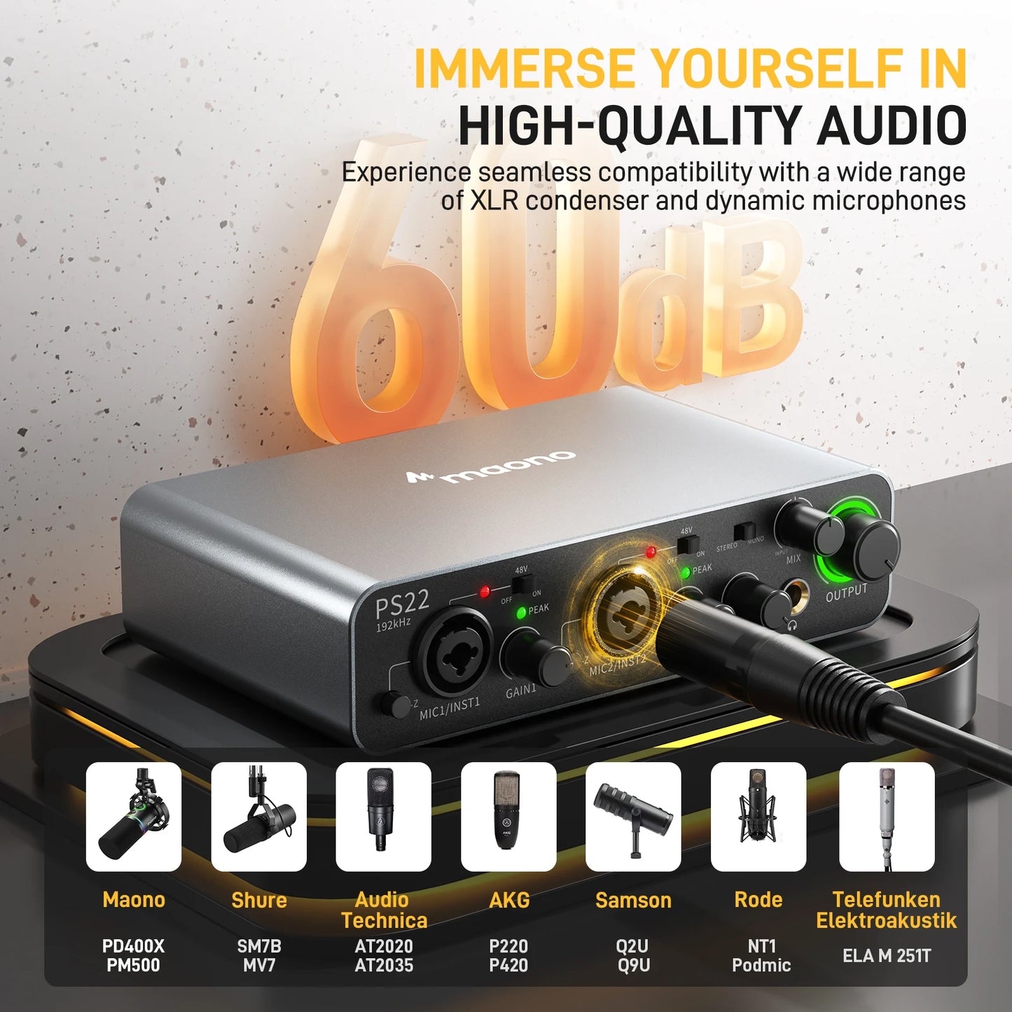 PS22 USB Audio Interface for PC,60dB Pro-Preamp, 24bit 192kHz,Dual USB Interface for PC and Smartphone, Routing Software