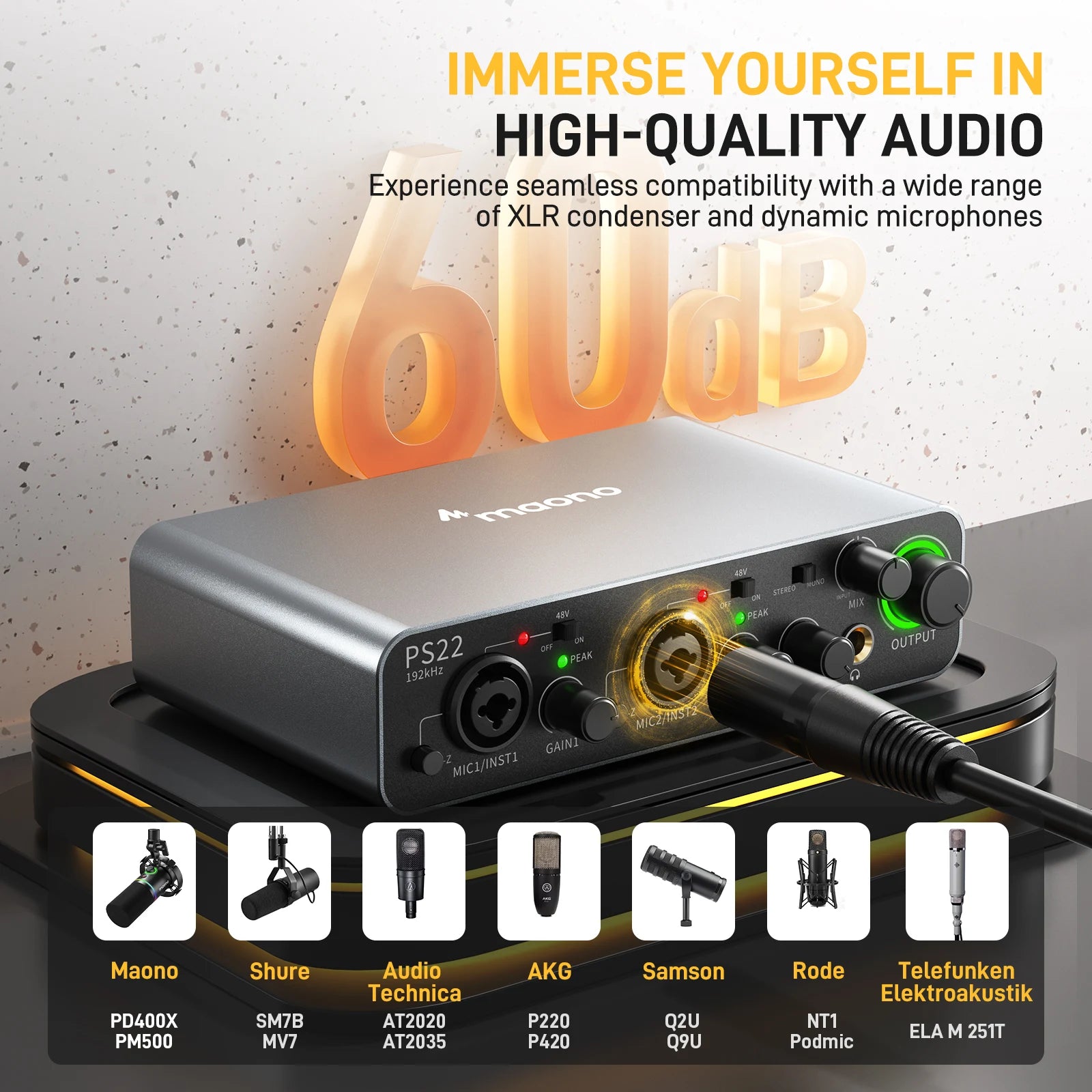 PS22 USB Audio Interface for PC,60dB Pro-Preamp, 24bit 192kHz,Dual USB Interface for PC and Smartphone, Routing Software