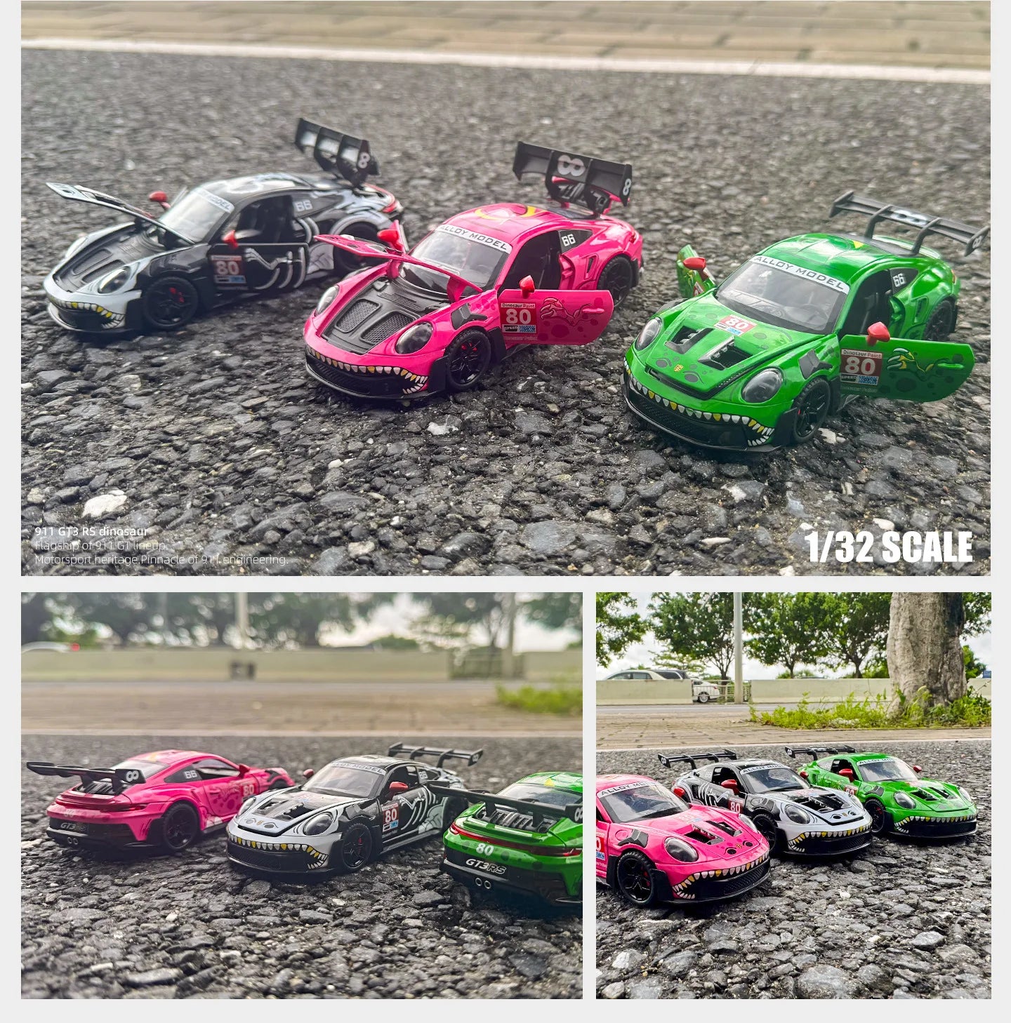 1 32 Scale 911 GT3 RS Dinosaur Modified Diecast Pull Back Model Car with Sound and Light