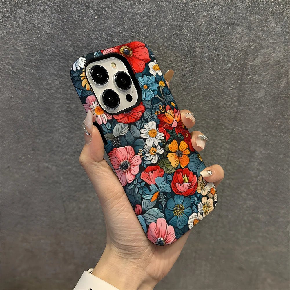 Art Drawing Flower Printed Daisy Phone Case for iPhone 16 15 13 14 Pro Max 16 15 Plus 2 in 1 Hard Protection Cover