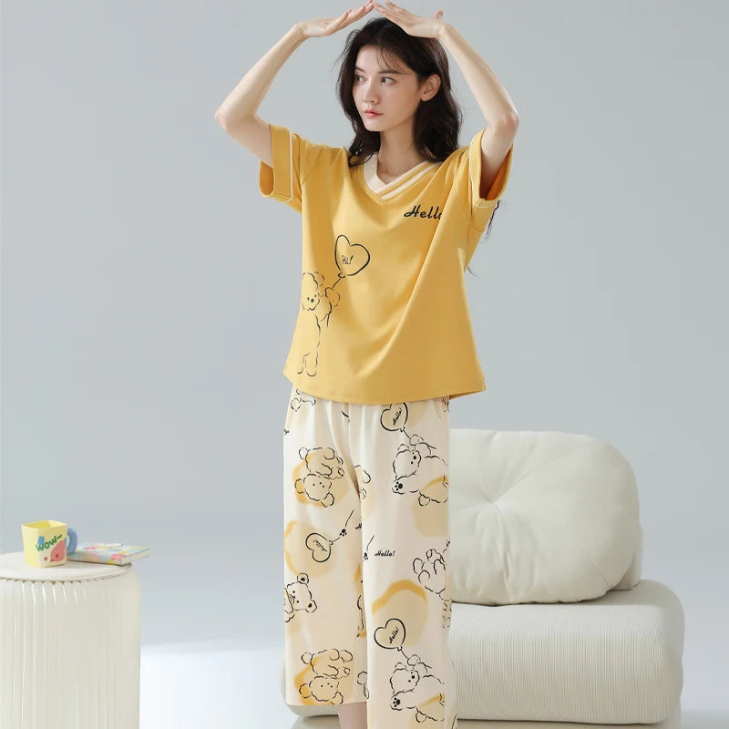 2-Pcs Women’s Summer Cotton Pajama Set – Short Sleeve Top & Calf-Length Pants with Cute Prints
