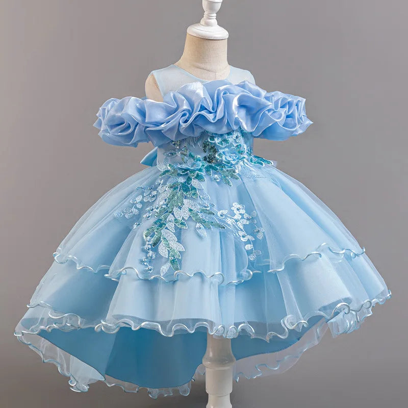 Luxury Off-Shoulder Gown with Train for Girls  Tulle Dress for Fashion Walk Show & Pageants