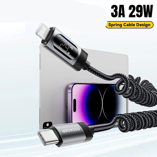 Car Spring USB-C to Lightning Fast Charging Cable with Digital Display