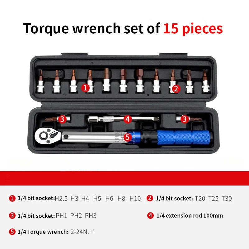 15-Piece Bicycle Torque Wrench Set 1/4" Drive 2-24Nm Bike Repair Tool Kit with Hex Bits, Torx & Extension for Bicycle & Motorcycle Maintenance