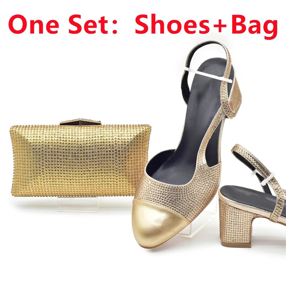 Silver Shoe and Bag Set for Party in Women Shoes and Bags Set for Women Italian African Women Wedding Shoes with Rhinestone