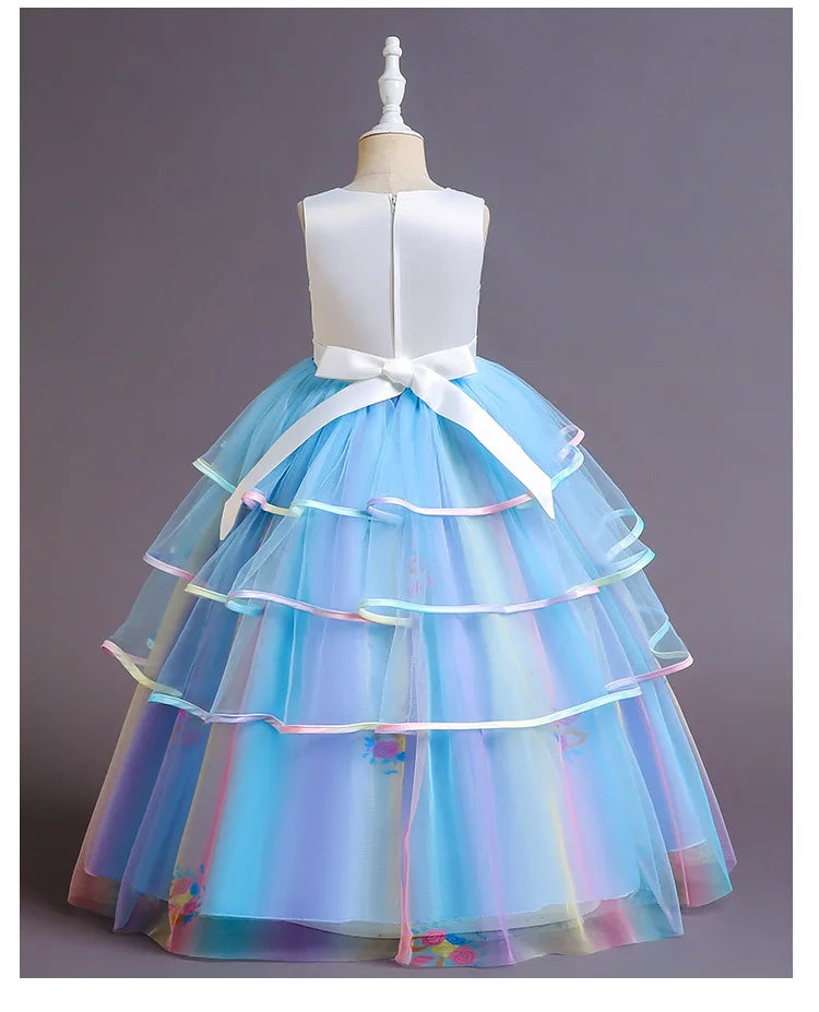 Elegant Princess Lace Dress Kids Flower Embroidery Dresses For Girls Vintage Children Costume for Christmas Party Pink Ball Gown