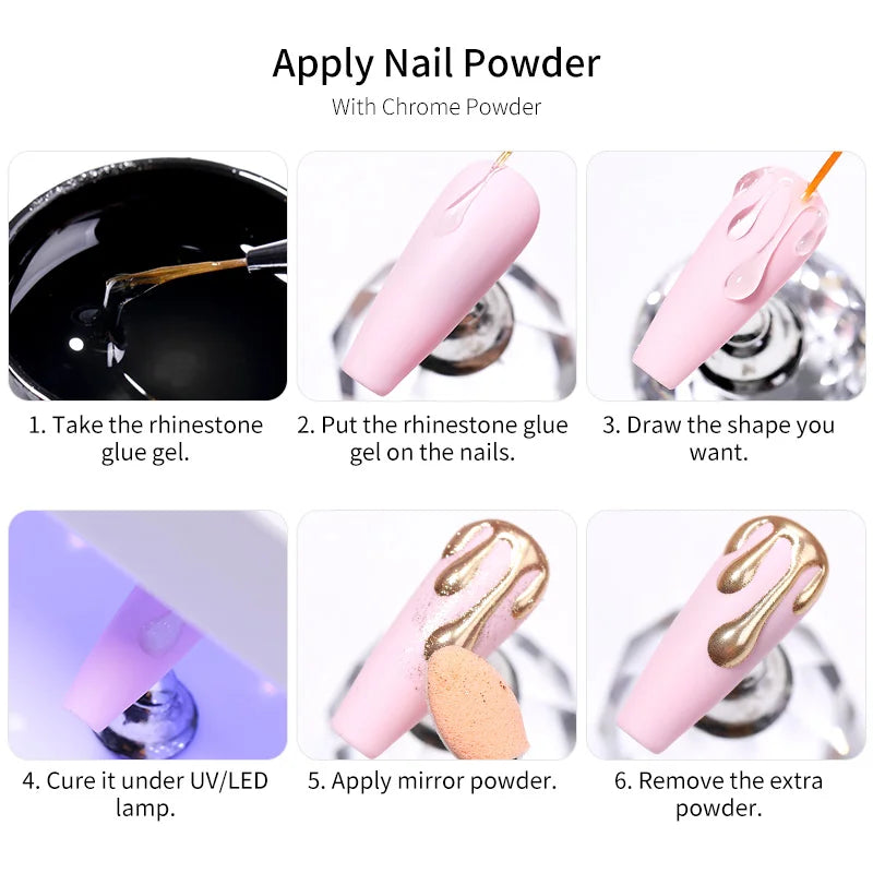 3PCS Rhinestones Glue Gel Set Mirror Nail Powder With Nail Liner Brush UV LED Transparent Adhesive Glue Gel