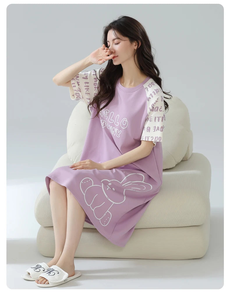 Women’s Cotton Nightgown – Korean Style Cute Print, Summer Short Sleeve Sleepwear Dress