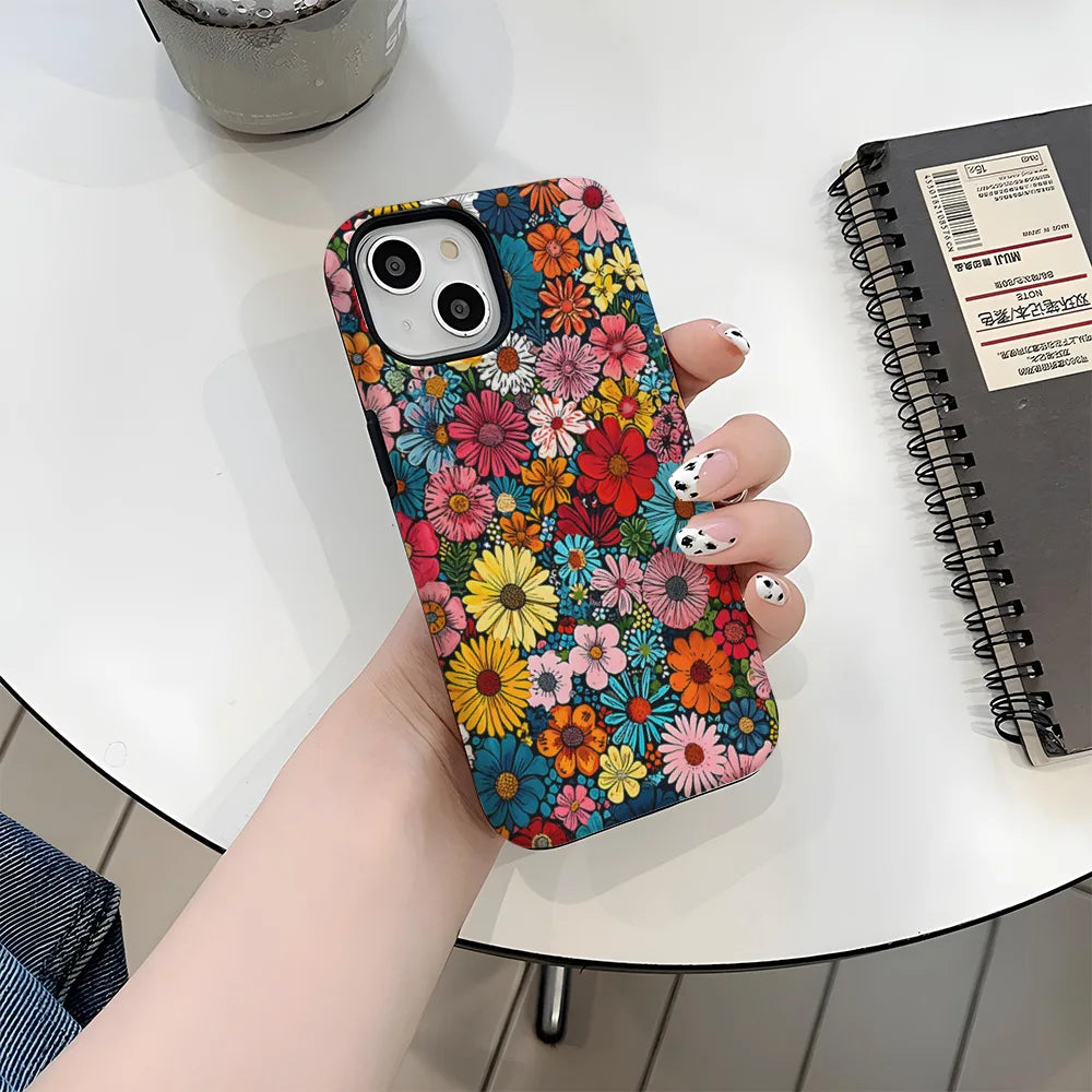 Art Drawing Flower Printed Daisy Phone Case for iPhone 16 15 13 14 Pro Max 16 15 Plus 2 in 1 Hard Protection Cover