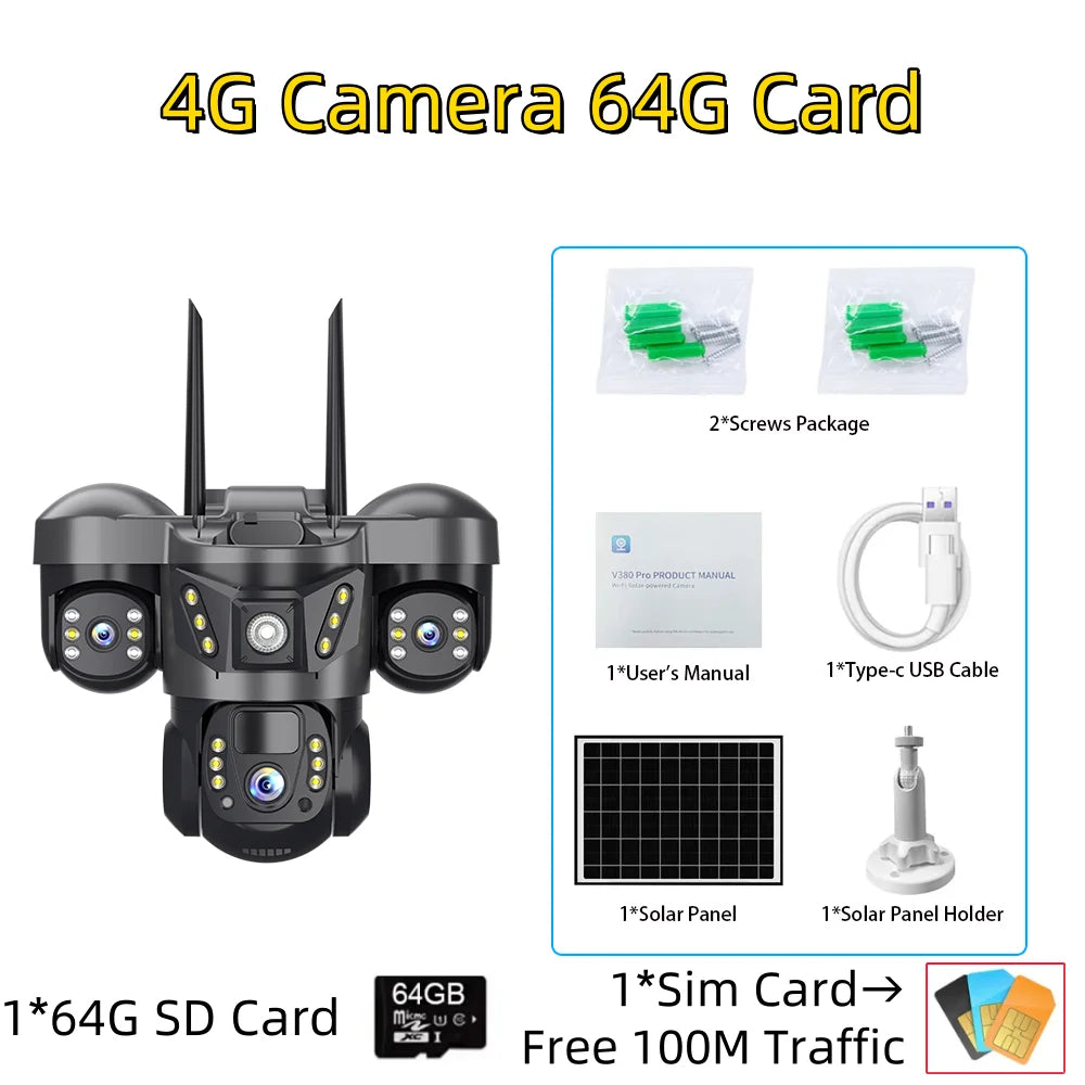 Solar Camera 4G Sim Card 15MP Outdoor 3 Lens 3 Screen PIR Human Detect Network IP Cameras Night Vision CCTV Security Protection
