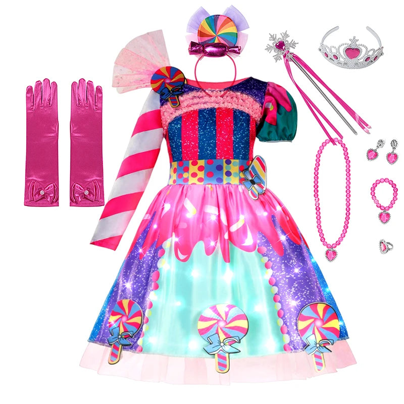 LED Light Up Princess Candy Dress For Girl Lollipop Party Clothing Kids Cosplay Costume New Years Dress 2-10Y