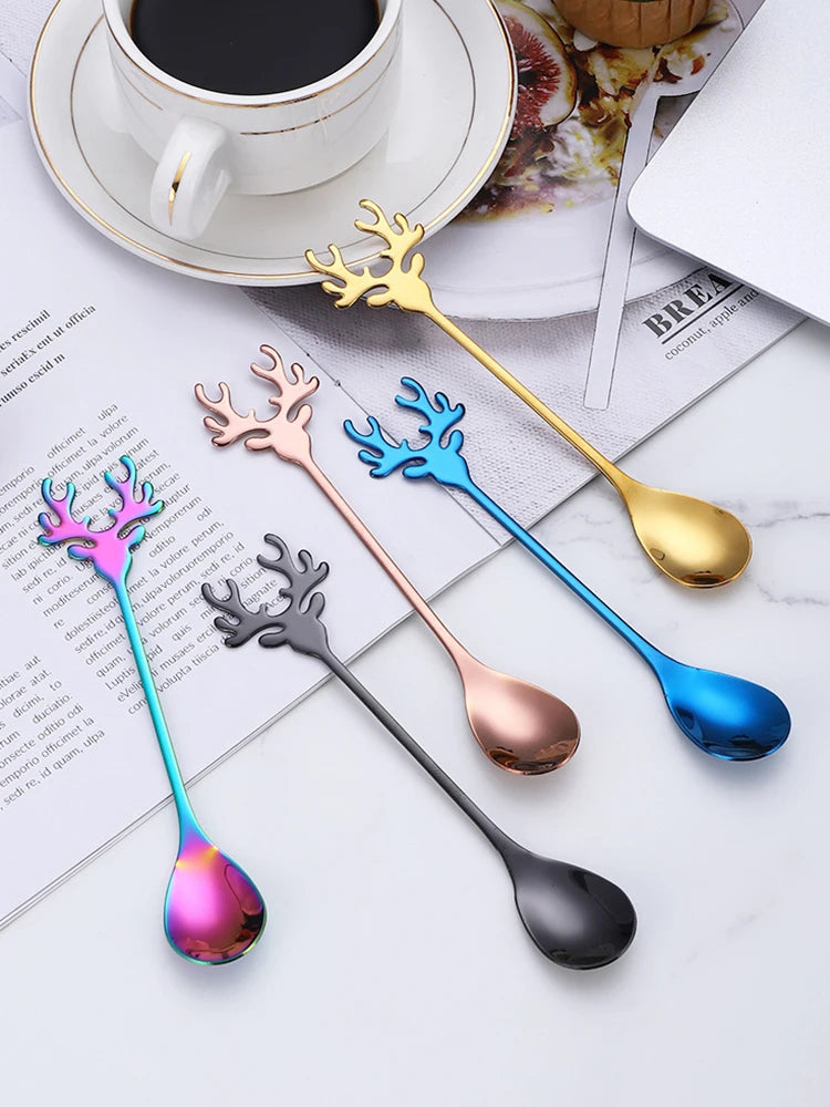Nordic Dessert Spoon Elk Stainless Steel Coffee Spoons Stirring Tablespoon Little Deer Shape Christmas Tableware New Year Gift