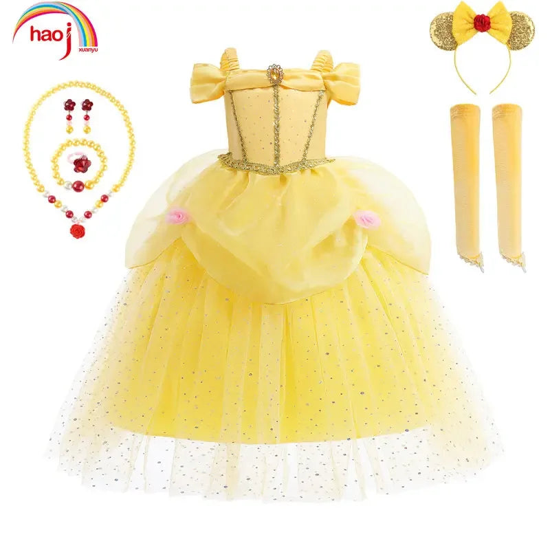 2025 Yellow Princess Dress For Girls Cosplay Carnival Costume Halloween Clothes Birthday Party Dresses Kids Birthday Clothing