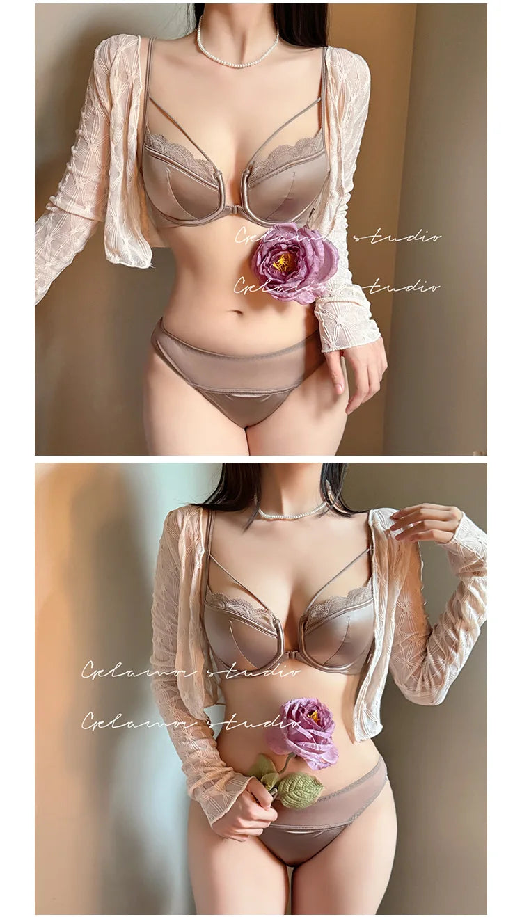 Womens French Lace Front Closure Push Up Bra and Brief Set